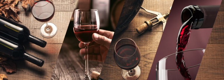 Weinprobe- und Weinkellereifoto-Collage mit Weingläsern und Flaschen, Tannine
